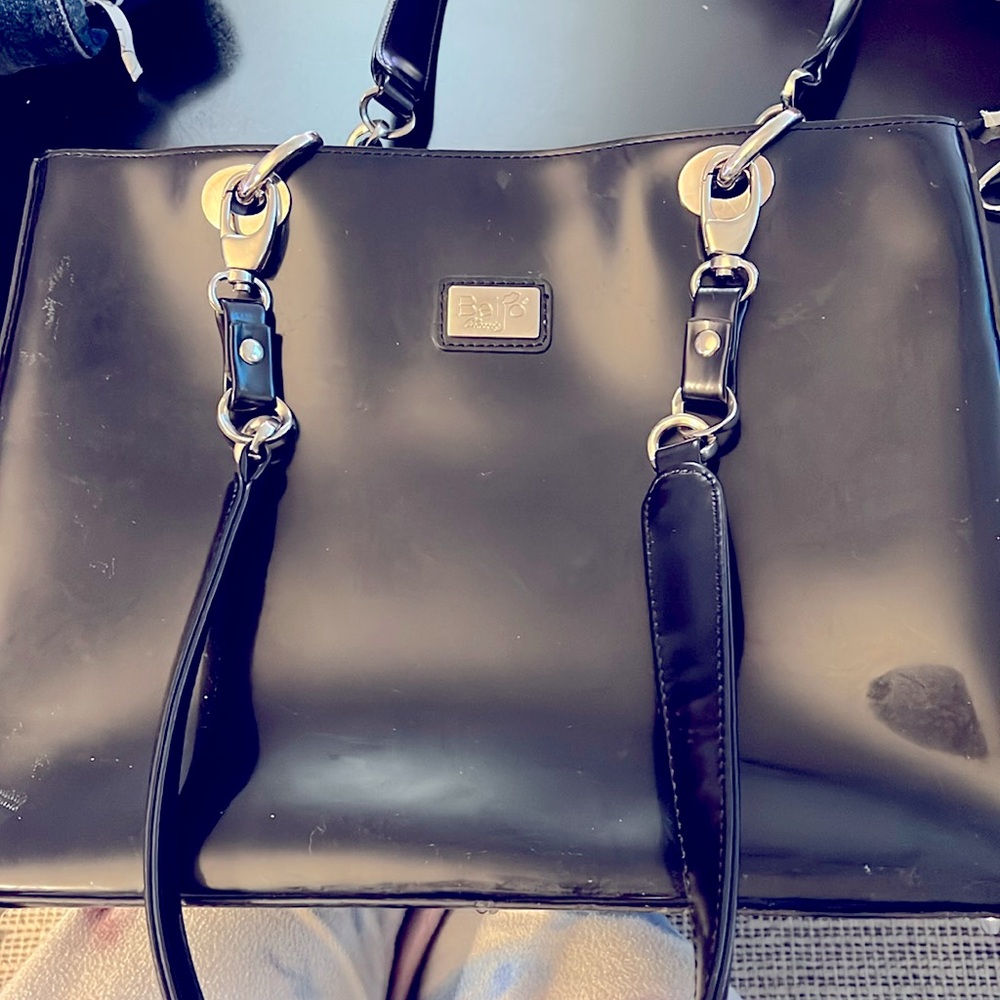 BEIJO Dark Brown/Bronze Patent Leather Look Handbag Purse W/2 Lengh Handles